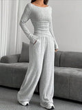 Women's Gray Ribbed Knit Off-Shoulder Long Sleeve Top and Wide Leg Pants Two-Piece Cotton Loungewear Set