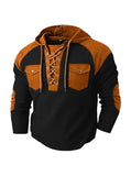 Men's Color Block Waffle Knit Hooded Sweater with Lace-Up Neckline, Perfect for Casual and Outdoor Wear