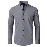 Men's Slim Fit Solid Shirt with Black Button Accents, High Elasticity, Perfect for Business and Casual Wear