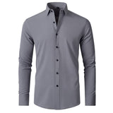 Men's Slim Fit Solid Shirt with Black Button Accents, High Elasticity, Perfect for Business and Casual Wear