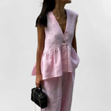 Women's 2 Piece Cotton Set Sleeveless V Neck Top and Wide Leg Pants Set, Comfortable and Soft for Casual and Summer Wear