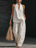 Women's Casual Halter Neck Sleeveless Top and Wide Leg Pants Slub Linen Two-Piece Set