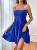Women's Sweet Strappy Tiered Dress, Smocked Tiered Mini Dress with Spaghetti Straps for Summer and Beach