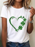 Womens Crew Neck Short Sleeve Green Heart and Clover Print Casual T Shirt for Spring & Summer