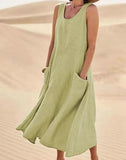 Women's Cotton Linen Sleeveless Maxi Dress with Side Pockets Loose Fit for Casual Vacations