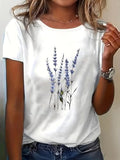 Womens Crew Neck Short Sleeve Lavender Floral Print Casual T Shirt for Spring & Summer