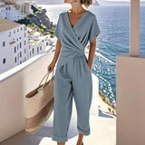 Women’s 2 Piece Summer Outfits Short Sleeve Wrap Top and Wide-Leg Pants Set Casual Resort Lounge Set with Pockets