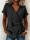 Women's Black Wrap V-Neck Short Sleeve Blouse with Waist Tie and Rolled Cuffs for Casual Everyday Wear