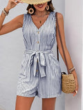 Womens Sleeveless Striped Romper, Casual V Neck Button Down Playset with Waist Tie, Summer Short Jumpsuit for Beach