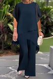 Women's Blue Chiffon 2 Piece Ruffle Short Sleeve Asymmetric Layered Top and Wide Leg Pants Elegant Party Suit
