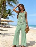Women Two Piece Sets Boho Floral Dressy Casual Going Out Outfit Sleeveless Tiered Tank Top Wide Leg Pant Trendy Suit
