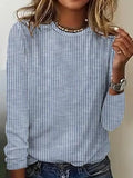 Women's Blue White Striped Round Neck Long Sleeve Casual Top for Everyday Wear