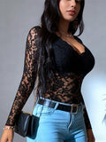 Women's Elegant V-Neck Long Sleeve Lace Top - Slim Fit Semi-Sheer Blouse with Moderate Stretch, for Spring Summer