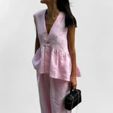 Women's 2 Piece Cotton Set Sleeveless V Neck Top and Wide Leg Pants Set, Comfortable and Soft for Casual and Summer Wear