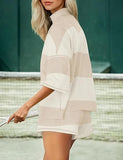 Women's 2 Piece Striped Half Zip Top and Shorts Set, Perfect for Casual and Active Wear