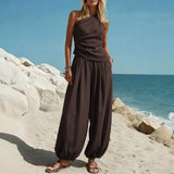 Womens 2 Piece One Shoulder Draped Sleeveless Top and High Waist Balloon Pants Casual Vacation Set