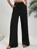 Women Casual Everyday Pants - Elastic Waist Wide Leg Trousers