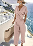 Women’s 2 Piece Summer Outfits Short Sleeve Wrap Top and Wide-Leg Pants Set Casual Resort Lounge Set with Pockets