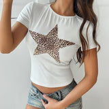 Women's Y2K Sexy Leopard Print Short Sleeve T Shirt Crew Neck Slim Fit Waist Casual Tops for Spring Summer