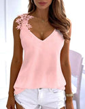 Women Chic Solid Color V-Neck Tank Top with Elegant Lace Shoulder Straps and Floral Applique Detail for Casual Attire