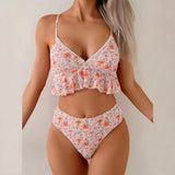 Women's Floral Print Ruffled Hem Scallop Trim High Waist Two Piece Bikini Set Perfect for Beach Vacation and Summer Wear