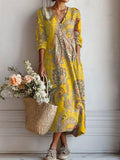 Boho Maxi Dress for Women Paisley Floral Print V Neck Long Sleeve Loose Fit Casual Women's Long Dress with Pockets