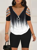 Women Plus Size Printed 2 Piece Outfit, Short Sleeve Zipper Top & Casual Shorts Set, Fashion Tracksuit for Daily Outdoor