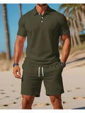 Men's Green Casual Polo Shirt and Shorts 2 Piece Set, Summer Short Sleeve Shirt with Elastic Waist Drawstring Shorts