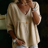 Women's White V-Neck Lace Trim Peplum Blouse with 3/4 Sleeves for Casual Bohemian Style