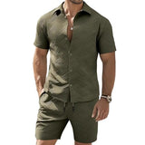 Men's 2 Piece Jacquard Set with Short Sleeve Button Up Shirt and Drawstring Shorts for Casual and Vacation Wear