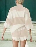 Women's 2 Piece Striped Half Zip Top and Shorts Set, Perfect for Casual and Active Wear