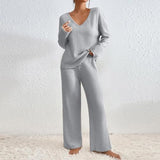 Women's V-Neck Loose Casual Ribbed Brushed Long Sleeved Set