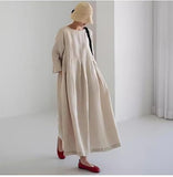 Women's Cotton-Linen Maxi Dress Three-Quarter Sleeve Pleated Loose Fit for Casual Daily Wear