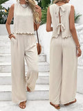 Women's Pink Solid 2 Piece Scalloped Hem Sleeveless Vest Top and High Waist Pleated Wide Leg Trousers Casual Travel Set