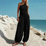 Womens 2 Piece One Shoulder Draped Sleeveless Top and High Waist Balloon Pants Casual Vacation Set