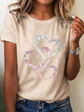 Womens Crew Neck Short Sleeve Overlapping Glitter Heart Print Casual T Shirt for Spring & Summer