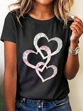 Womens Crew Neck Short Sleeve Overlapping Glitter Heart Print Casual T Shirt for Spring & Summer