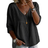 Women's White V-Neck Lace Trim Peplum Blouse with 3/4 Sleeves for Casual Bohemian Style