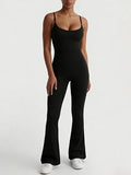 Womens Spaghetti Strap High Waist Flared Bootcut Yoga Fitness One Piece Jumpsuit