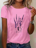Womens Crew Neck Short Sleeve Lavender Floral Print Casual T Shirt for Spring & Summer