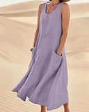 Women's Cotton Linen Sleeveless Maxi Dress with Side Pockets Loose Fit for Casual Vacations