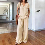 Women's 2-Piece Short Sleeve Top and Elastic Waist Wide Leg Pants Set, Comfortable V-Neck and Pants for Summer Office