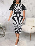 Womens Black and White Abstract Print Round Neck Ruffle Sleeve Form-Fitting Midi Dress