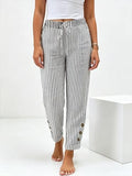 Women's Grey and White Striped Drawstring Waist Cropped Pants with Side Buttons and Pockets for Casual Everyday Wear
