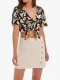 Women's Short Sleeve Floral Crop Top Casual Tie Front Boho Blouse