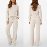 Women's Beige Ribbed Knit Two Piece Set Mock Neck Long Sleeve Sweater Top and Wide Leg Pants Casual Loungewear Outfit