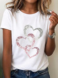 Womens Crew Neck Short Sleeve Overlapping Glitter Heart Print Casual T Shirt for Spring & Summer