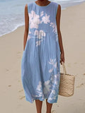 Women's Print Sleeveless Midi Dress, Round Neck Casual Loose Dress with Pockets, Lightweight Summer Tunic for Vacation