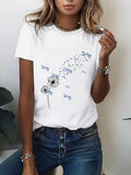 Womens Crew Neck Short Sleeve Lavender Floral Print Casual T Shirt for Spring & Summer
