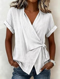 Women's Black Wrap V-Neck Short Sleeve Blouse with Waist Tie and Rolled Cuffs for Casual Everyday Wear